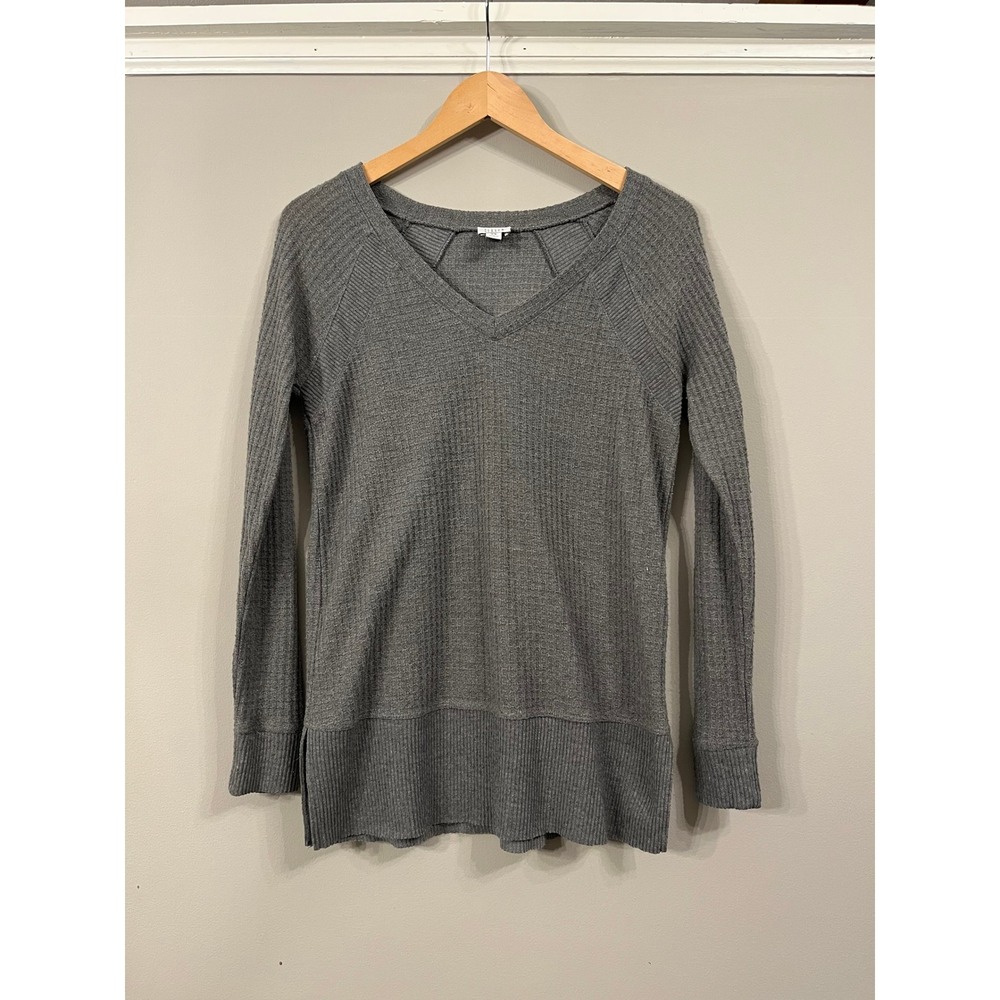 Peyton Jensen Women Gray Waffle Knit V-Neck Raglan Long Sleeve Thermal Top XS
